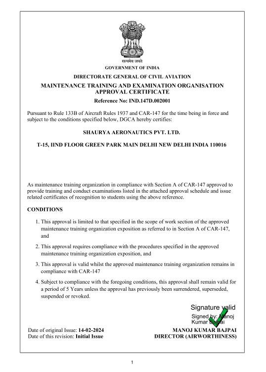 DGCA Maintenance Training and Examination Organisation Approval Certificate - Shaurya Aeronautics Pvt. Ltd.